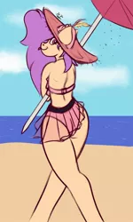 Size: 1500x2500 | Tagged: safe, artist:draconightmarenight, derpibooru import, oc, oc:peppy sprinkles, beach, beach hat, beach umbrella, clothes, colored sketch, cute, image, jpeg, scarf, summer, swimsuit, tongue out, umbrella
