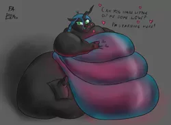 Size: 3552x2584 | Tagged: suggestive, artist:doomlemon, derpibooru import, queen chrysalis, changeling, changeling queen, belly, big belly, changeling overfeeding, dialogue, fat, female, floating heart, glowing belly, gray background, heart, huge belly, image, morbidly obese, obese, png, queen chrysalard, shading, simple background, solo, solo female, weight gain