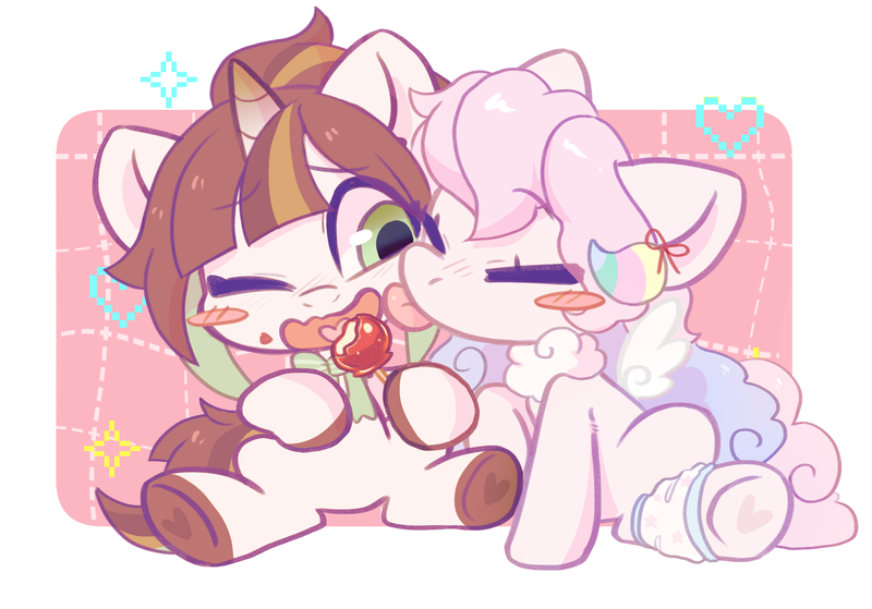 Size: 1540x1076 | Tagged: safe, artist:colorfulcolor233, derpibooru import, oc, unofficial characters only, pegasus, pony, unicorn, blush sticker, blushing, chibi, commission, cute, duo, eyes closed, face licking, food, heart, heart hoof, heart tongue, image, jpeg, licking, one eye closed, shipping, tongue out, weapons-grade cute, ych result