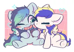 Size: 1540x1076 | Tagged: safe, artist:colorfulcolor233, derpibooru import, oc, unofficial characters only, pegasus, pony, blush sticker, blushing, chibi, commission, cute, duo, eyes closed, face licking, food, heart, heart hoof, heart tongue, image, jpeg, licking, one eye closed, shipping, tongue out, weapons-grade cute, ych result