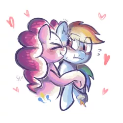 Size: 1024x1024 | Tagged: safe, artist:kukie, derpibooru import, pinkie pie, rainbow dash, earth pony, pegasus, pony, :t, ><, blushing, colored sketch, cute, duo, eye clipping through hair, eyes closed, female, floating heart, half body, heart, hooves, hug, image, kiss on the cheek, kissing, lesbian, looking at someone, multicolored hair, pinkiedash, png, rainbow hair, scrunchy face, shaded sketch, shipping, simple background, sketch, sweat, sweatdrop, tsunderainbow, tsundere, underhoof, white background