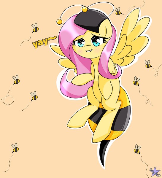 Size: 1862x2048 | Tagged: safe, artist:zeon_starlight, derpibooru import, fluttershy, bee, insect, pegasus, pony, it ain't easy being breezies, season 4, animal costume, bee costume, clothes, costume, female, flutterbee, image, jpeg, mare, simple background, solo, yay