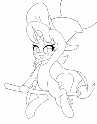 Size: 1609x2048 | Tagged: safe, artist:zeon_starlight, derpibooru import, starlight glimmer, pony, unicorn, broom, cape, clothes, female, flying, flying broomstick, hat, horn, image, jpeg, mare, open mouth, open smile, sketch, smiling, solo