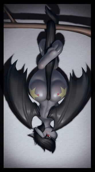 Size: 1130x2048 | Tagged: suggestive, artist:stardep, derpibooru import, oc, oc:senka stargazer, bat pony, pony, bat pony oc, bat wings, blushing, both cutie marks, butt, female, gray background, hanging, hanging upside down, hooves, image, jpeg, large butt, looking at you, mare, milf, sexy, simple background, smiling, solo, tail, the ass was fat, thicc ass, tree, tree branch, upside down, wings