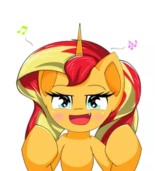 Size: 1862x2048 | Tagged: safe, artist:zeon_starlight, derpibooru import, sunset shimmer, pony, unicorn, big breasts, breasts, cute, cute little fangs, emanata, fangs, female, horn, image, jpeg, looking at you, mare, music notes, open mouth, sharp teeth, solo, teeth