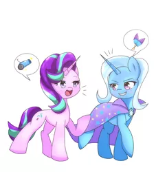 Size: 1862x2048 | Tagged: safe, artist:zeon_starlight, derpibooru import, starlight glimmer, trixie, pony, unicorn, cannon, cape, clothes, duo, duo female, emanata, female, fireworks, horn, image, jpeg, looking at each other, looking at someone, mare, open mouth, raised hoof, simple background, speech bubble, starry eyes, trixie's cape, white background, wingding eyes
