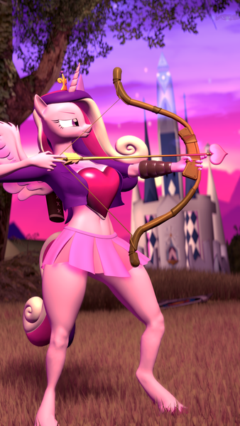 Size: 2160x3840 | Tagged: suggestive, artist:silkworm205, derpibooru import, princess cadance, alicorn, anthro, unguligrade anthro, art pack:hearts and lewds, 3d, archery, arrow, bow, bow (weapon), bow and arrow, breasts, clothes, colored eyebrows, crystal castle, cupid, heart, hearts and hooves day, holiday, image, png, revamped anthros, skirt, source filmmaker, valentine's day, weapon