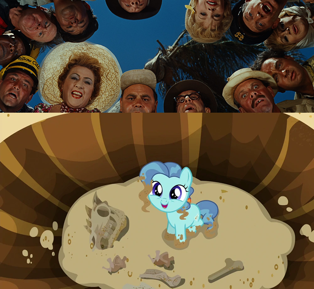 Size: 640x590 | Tagged: safe, derpibooru import, edit, edited screencap, screencap, petunia paleo, dinosaur, earth pony, human, pony, season 6, the fault in our cutie marks, 1960s, bone, cute, dead, dirt, excited, female, filly, foal, fossil, hole, image, irl, irl human, it's a mad mad mad mad world, looking at you, mickey rooney, movie reference, offscreen character, parody, petuniabetes, photo, png, ponysaur, pov, skeleton, skull, spiny back ponysaurus