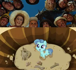 Size: 640x590 | Tagged: safe, derpibooru import, edit, edited screencap, screencap, petunia paleo, dinosaur, earth pony, human, pony, season 6, the fault in our cutie marks, 1960s, bone, cute, dead, dirt, excited, female, filly, foal, fossil, hole, image, irl, irl human, it's a mad mad mad mad world, looking at you, mickey rooney, movie reference, offscreen character, parody, petuniabetes, photo, png, ponysaur, pov, skeleton, skull, spiny back ponysaurus