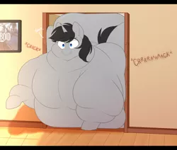 Size: 1000x848 | Tagged: suggestive, artist:montsundere, derpibooru import, oc, oc:greyline, pony, unicorn, belly, belly on floor, big belly, bingo wings, butt, chubby cheeks, cracked, doorway, fat, huge belly, huge butt, image, impossibly large butt, indoors, large butt, male, morbidly obese, neck roll, obese, png, raised hoof, solo, squishy, stuck, too fat to get through
