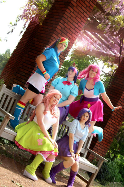 Size: 2000x3000 | Tagged: safe, artist:bellahime, artist:fairymooncosplay, artist:flitzichen, artist:james-li, derpibooru import, fluttershy, pinkie pie, rainbow dash, rarity, twilight sparkle, human, equestria girls, 2015, bench, big crown thingy, clothes, cosplay, costume, element of magic, equestria girls outfit, image, irl, irl human, jewelry, jpeg, photo, regalia, sitting