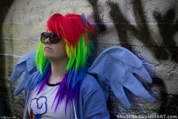 Size: 2000x1333 | Tagged: safe, artist:shadeila, derpibooru import, rainbow dash, human, 2015, clothes, cosplay, costume, image, irl, irl human, jpeg, multicolored hair, photo, rainbow hair, solo, sunglasses