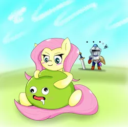 Size: 2048x2022 | Tagged: safe, artist:zeon_starlight, derpibooru import, fluttershy, pegasus, pony, ..., armor, crossover, derp, dragon quest (game), drool, emanata, female, hug, image, jpeg, mare, open mouth, shield, slime, sword, trio, weapon