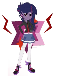 Size: 1280x1680 | Tagged: safe, artist:miidnightsparkle, derpibooru import, oc, oc:night sparkle, unofficial characters only, equestria girls, base used, clothes, cutie mark background, ear piercing, earring, female, hand on hip, image, jacket, jewelry, leggings, mary janes, offspring, parent:fluttershy, parent:king sombra, parents:sombrashy, piercing, png, shoes, simple background, skirt, smiling, solo, transparent background