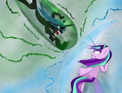 Size: 2048x1567 | Tagged: safe, artist:zeon_starlight, derpibooru import, queen chrysalis, starlight glimmer, changeling, changeling queen, pony, unicorn, season 9, the ending of the end, spoiler:s09, bipedal, duo, duo female, female, force field, horn, image, jpeg, looking at each other, looking at someone, magic, magic aura, mare