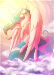 Size: 500x700 | Tagged: safe, artist:scarletsfeed, derpibooru import, princess celestia, alicorn, pony, chest fluff, eyes closed, female, flying, image, mare, missing accessory, png, sky, solo, sun