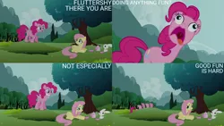 Size: 1280x720 | Tagged: safe, derpibooru import, edit, edited screencap, editor:quoterific, screencap, angel bunny, fluttershy, pinkie pie, earth pony, pegasus, pony, rabbit, season 3, too many pinkie pies, animal, faic, female, grin, image, male, mare, open mouth, png, smiling, text