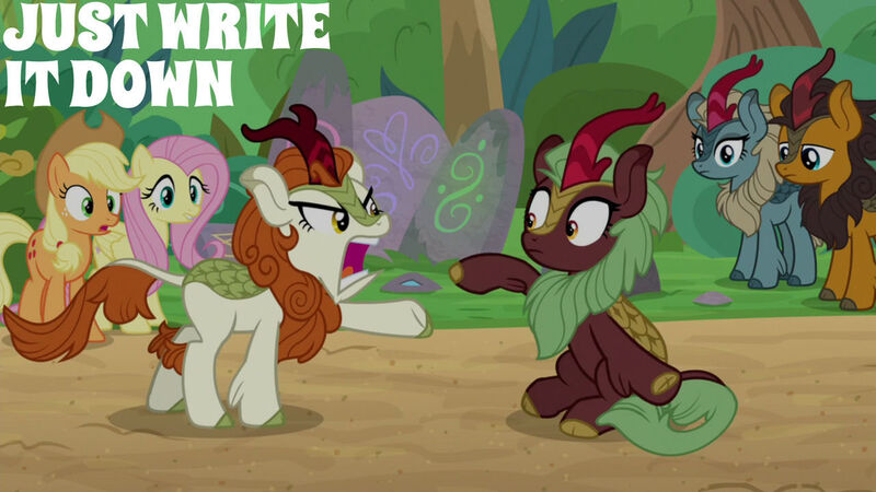 Size: 1280x720 | Tagged: safe, derpibooru import, edit, edited screencap, editor:quoterific, screencap, applejack, autumn blaze, fluttershy, earth pony, kirin, pegasus, pony, season 8, sounds of silence, spoiler:s08, applejack's hat, cowboy hat, female, hat, image, jpeg, mare, open mouth, text