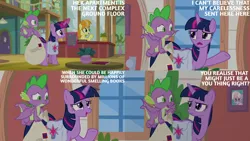 Size: 1280x720 | Tagged: safe, derpibooru import, edit, edited screencap, editor:quoterific, screencap, spike, twilight sparkle, twilight sparkle (alicorn), alicorn, dragon, earth pony, pony, season 9, the point of no return, spoiler:s09, bag, female, flying, image, jpeg, magic, male, mare, open mouth, open smile, saddle bag, smiling, spread wings, telekinesis, text, winged spike, wings