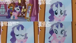 Size: 1280x720 | Tagged: safe, derpibooru import, edit, edited screencap, editor:quoterific, screencap, pony, unicorn, season 1, suited for success, carousel boutique, clothes, dress, female, image, mare, mirror, open mouth, png, reflection, solo, text