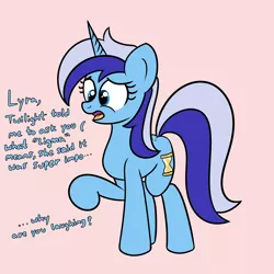 Size: 2000x2000 | Tagged: safe, artist:dafiltafish, derpibooru import, minuette, pony, unicorn, female, image, implied lyra, mare, offscreen character, png, raised hoof, solo, text