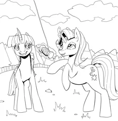 Size: 4000x4093 | Tagged: safe, artist:bluvsred, derpibooru import, starlight glimmer, twilight sparkle, twilight sparkle (alicorn), alicorn, unicorn, grass, grass field, image, kite, monochrome, png, simple background, white background