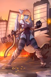 Size: 3000x4500 | Tagged: suggestive, artist:redwix, derpibooru import, oc, oc:lusty symphony, unofficial characters only, anthro, pegasus, ammunition belt, anthro oc, bomb, building, clothes, commission, detailed background, explosives, fire, full body, gloves, high res, image, pegasus oc, png, socks, thigh highs, weapon, wings, ych result