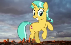 Size: 2268x1434 | Tagged: safe, artist:cheezedoodle96, artist:thegiantponyfan, derpibooru import, edit, citrine spark, fire quacker, pony, unicorn, bipedal, female, friendship student, giant pony, giant unicorn, giantess, grin, highrise ponies, image, irl, leaning, looking at you, macro, mare, mega giant, photo, png, ponies in real life, providence, rhode island, smiling, story included