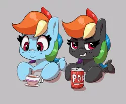 Size: 354x293 | Tagged: safe, artist:pabbley, derpibooru import, rainbow dash, pegasus, pony, cup, duo, female, gray background, grin, image, jpeg, mare, simple background, smiling, smirk, soda can, teacup