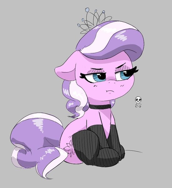 Size: 681x741 | Tagged: safe, artist:pabbley, derpibooru import, diamond tiara, earth pony, pony, choker, clothes, female, filly, floppy ears, foal, gray background, grumpy, image, jpeg, looking away, simple background, sitting, socks, solo, stockings, thigh highs