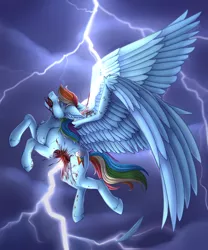 Size: 1024x1230 | Tagged: grimdark, artist:maneblue, derpibooru import, rainbow dash, pegasus, pony, blood, cloud, dead, ear fluff, female, flying, image, impalement, jpeg, lightning, mare, outdoors, solo