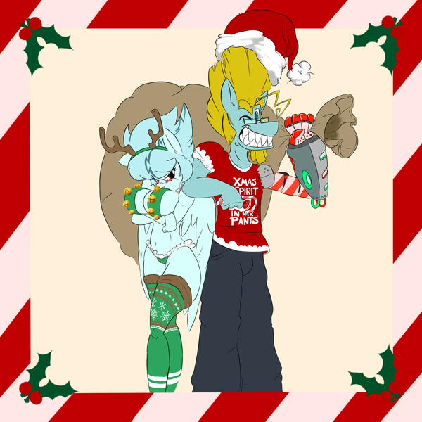 Size: 1600x1600 | Tagged: safe, artist:sanyo2100, derpibooru import, oc, oc:maelstrom, oc:tech gear, anthro, pegasus, pony, card, christmas, christmas card, holiday, image, png, robotic arm