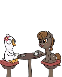 Size: 1000x1249 | Tagged: safe, artist:happy harvey, derpibooru import, oc, oc:rye bread, bird, earth pony, goose, pony, butt freckles, crossover, cup, drawn on phone, ear fluff, ear freckles, female, filly, foal, freckles, gap teeth, goose goose duck, image, open mouth, plate, png, ponytail, simple background, table, tea party, teacup, transparent background, video game, video game crossover