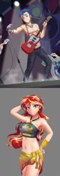 Size: 553x1600 | Tagged: suggestive, artist:thebrokencog, derpibooru import, edit, brawly beats, flash sentry, ringo, sunset shimmer, human, cheer you on, equestria girls, equestria girls series, forgotten friendship, spoiler:eqg series (season 2), arm behind head, armpits, belly button, breasts, busty sunset shimmer, clothes, cropped, cutie mark, cutie mark on clothes, drum kit, drum set, drums, drumsticks, electric guitar, female, flash drive (band), flashimmer, gray background, guitar, handsome, human coloration, image, long hair, looking at you, male, microphone, microphone stand, midriff, musical instrument, partial nudity, png, sarong, sfw commissions, shipping, shipping domino, shirtless flash sentry, simple background, smiling, straight, stupid sexy flash sentry, summer sunset, sunset selfie, swimsuit, topless