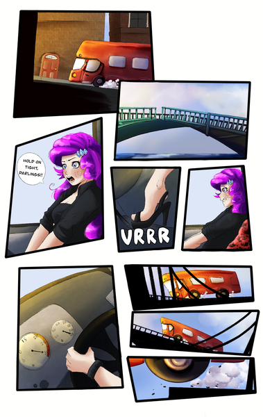 Size: 2400x3800 | Tagged: safe, artist:sjmarts, derpibooru import, rarity, human, equestria girls, bridge, bus, clothes, comic, comic page, crossover, driving, high heels, humanized, image, jumping, pedal, png, road rage, seat, shoes, solo, speedometer, spice girls, spice world, steering wheel, stiletto heels