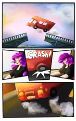 Size: 2400x3800 | Tagged: safe, artist:sjmarts, derpibooru import, rarity, human, equestria girls, bridge, bus, clothes, comic, comic page, crossover, driving, high heels, humanized, image, jumping, png, road rage, seat, shoes, solo, spice girls, spice world, steering wheel, stiletto heels