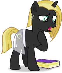 Size: 5480x6395 | Tagged: safe, artist:frownfactory, derpibooru import, oc, oc:desert night, unofficial characters only, pony, unicorn, .svg available, absurd resolution, ankh, blonde mane, blonde tail, book, clothes, ear fluff, ear piercing, earring, female, full body, green eyes, hoof on chest, hooves, horn, image, jewelry, mare, open mouth, piercing, png, shadow, show accurate, simple background, skirt, solo, standing, tail, transparent background, two toned mane, two toned tail, unicorn oc, vector