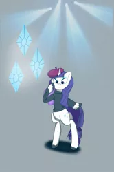 Size: 1357x2048 | Tagged: safe, artist:zeon_starlight, derpibooru import, rarity, pony, unicorn, beatnik rarity, beret, bipedal, clothes, cutie mark, female, gray background, hat, horn, image, jpeg, mare, simple background, solo, standing on two hooves, sweater