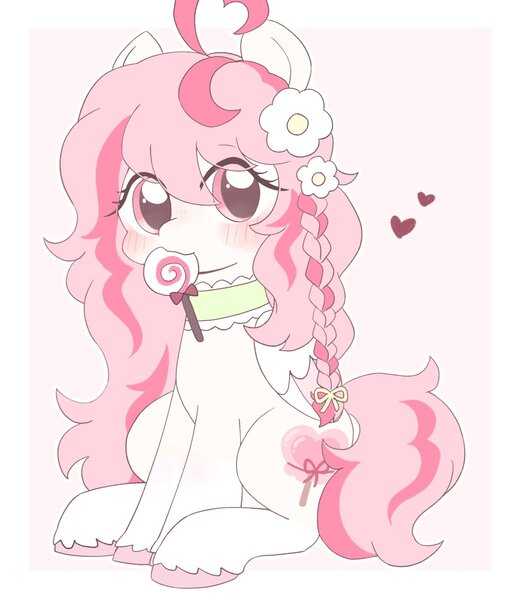 Size: 1669x1902 | Tagged: safe, artist:ginmaruxx, derpibooru import, oc, unofficial characters only, earth pony, pony, candy, commission, cute, earth pony oc, eye clipping through hair, female, flower, flower in hair, food, heart, image, jpeg, lollipop, looking at you, mare, mouth hold, ocbetes, sitting, solo