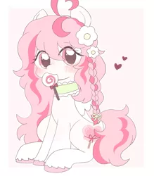 Size: 1669x1902 | Tagged: safe, artist:ginmaruxx, derpibooru import, oc, unofficial characters only, earth pony, pony, candy, commission, cute, earth pony oc, eye clipping through hair, female, flower, flower in hair, food, heart, image, jpeg, lollipop, looking at you, mare, mouth hold, ocbetes, sitting, solo
