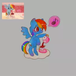 Size: 2048x2048 | Tagged: safe, artist:h2o_omz, derpibooru import, rainbow dash, pegasus, pony, cloud, cup, female, gray background, hoof hold, image, jpeg, mare, music notes, scene interpretation, simple background, solo, speech bubble, standing on two hooves, teacup, teapot