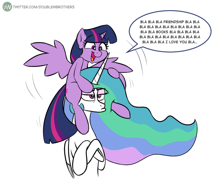 Size: 884x746 | Tagged: safe, artist:doublewbrothers, derpibooru import, princess celestia, twilight sparkle, twilight sparkle (alicorn), alicorn, pony, annoyed, celestia is not amused, crossed arms, duo, female, horse riding a horse, image, jpeg, missing accessory, on head, simple background, speech bubble, spread wings, teacher and student, unamused, white background, wiggling, wings