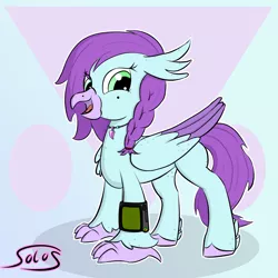 Size: 3000x3000 | Tagged: safe, artist:solos, derpibooru import, oc, oc:aella breeze, unofficial characters only, hippogriff, fallout equestria, beak, braid, female, folded wings, freckles, hippogriff oc, hooves, image, pipbuck, png, smiling, solo, talons, wings