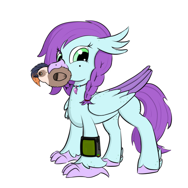 Size: 3000x3000 | Tagged: safe, artist:solos, derpibooru import, oc, oc:aella breeze, oc:valkyrie, unofficial characters only, hippogriff, fallout equestria, beak, birb, feather, female, freckles, hippogriff oc, hooves, image, mole, pipbuck, plushie, png, simple background, smiling, solo, talons, transparent background, wings
