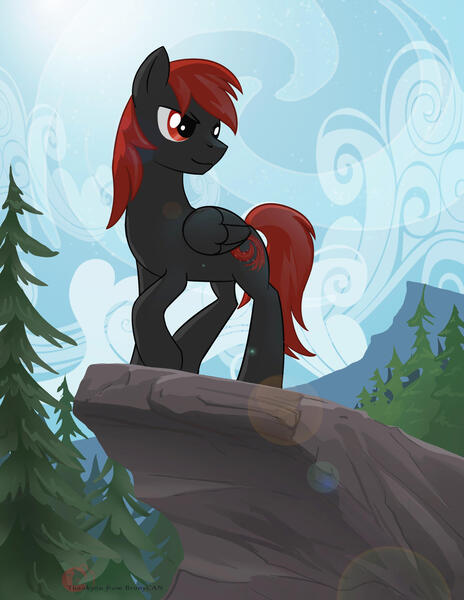 Size: 2153x2786 | Tagged: safe, artist:firestormdangerdash, derpibooru import, oc, oc:firestorm, pegasus, pony, day, forest, image, jpeg, looking back, male, pegasus oc, pine tree, red and black oc, solo, stallion, tree, wings