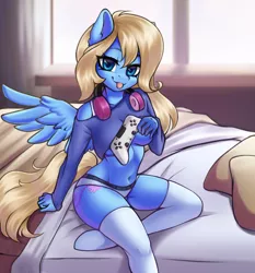 Size: 1713x1835 | Tagged: suggestive, artist:yutakira92, derpibooru import, oc, oc:lusty symphony, unofficial characters only, anthro, pegasus, unguligrade anthro, :p, anthro oc, bedroom, bedroom eyes, belly button, breasts, clothes, commission, controller, female, headphones, image, jpeg, looking at you, panties, pegasus oc, short shirt, socks, solo, solo female, stockings, thigh highs, tongue out, underboob, underwear, wings, ych result