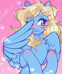 Size: 1619x1943 | Tagged: safe, artist:honeycrows, derpibooru import, oc, oc:lusty symphony, pegasus, pony, blushing, chest fluff, cute, female, heart, image, jpeg, mare, ocbetes, one eye closed, pegasus oc, simple background, solo, wing hands, wings