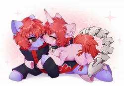 Size: 2000x1386 | Tagged: safe, artist:snow angel, derpibooru import, oc, unofficial characters only, pony, unicorn, clothes, cuddling, cute, duo, eyes closed, horn, image, jpeg, lying down, lying on top of someone, ocbetes, one eye closed