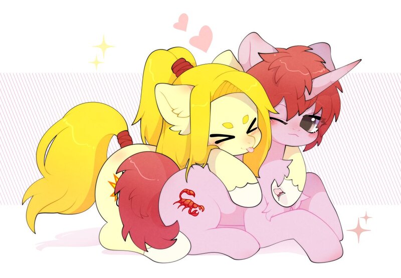 Size: 1200x832 | Tagged: safe, artist:snow angel, derpibooru import, oc, unofficial characters only, earth pony, pony, unicorn, ><, cuddling, cute, duo, eyes closed, heart, horn, image, jpeg, lying down, lying on top of someone, ocbetes, one eye closed, sparkles, tongue out, underhoof