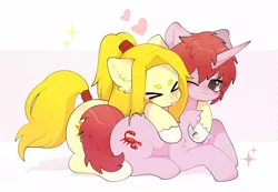 Size: 1200x832 | Tagged: safe, artist:snow angel, derpibooru import, oc, unofficial characters only, earth pony, pony, unicorn, ><, cuddling, cute, duo, eyes closed, heart, horn, image, jpeg, lying down, lying on top of someone, ocbetes, one eye closed, sparkles, tongue out, underhoof